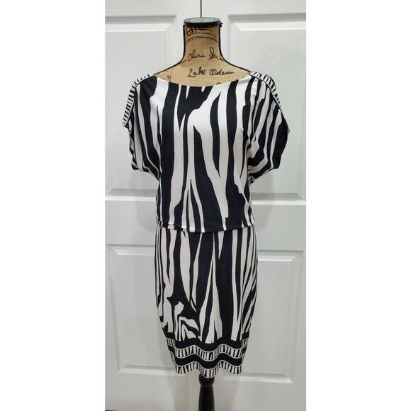 CACHE Black White Animal Print Open Back Blouson Stretch Dress Size 4 - Picture 1 of 5